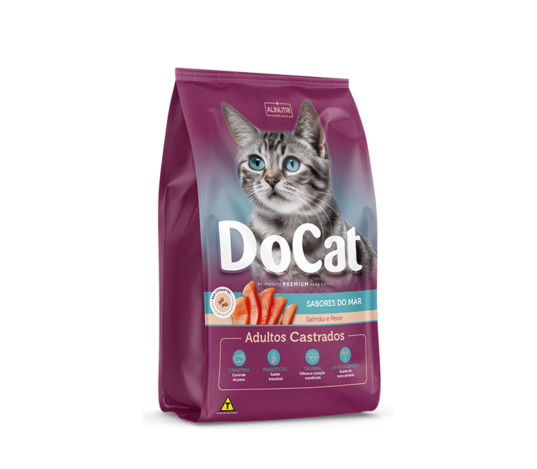 Docat Premium Gatos Adultos Castrados Salmão e Peixe