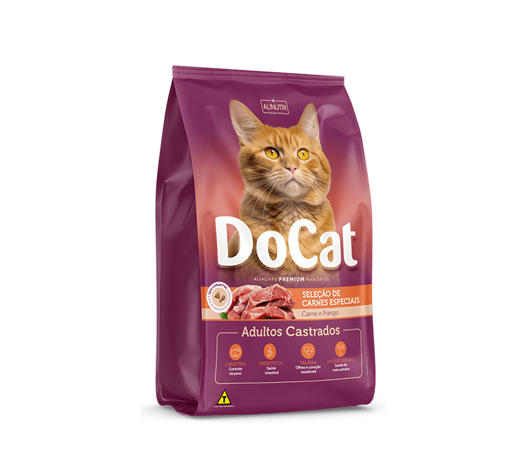 Docat Premium Gatos Adultos Castrados Carne e Frango